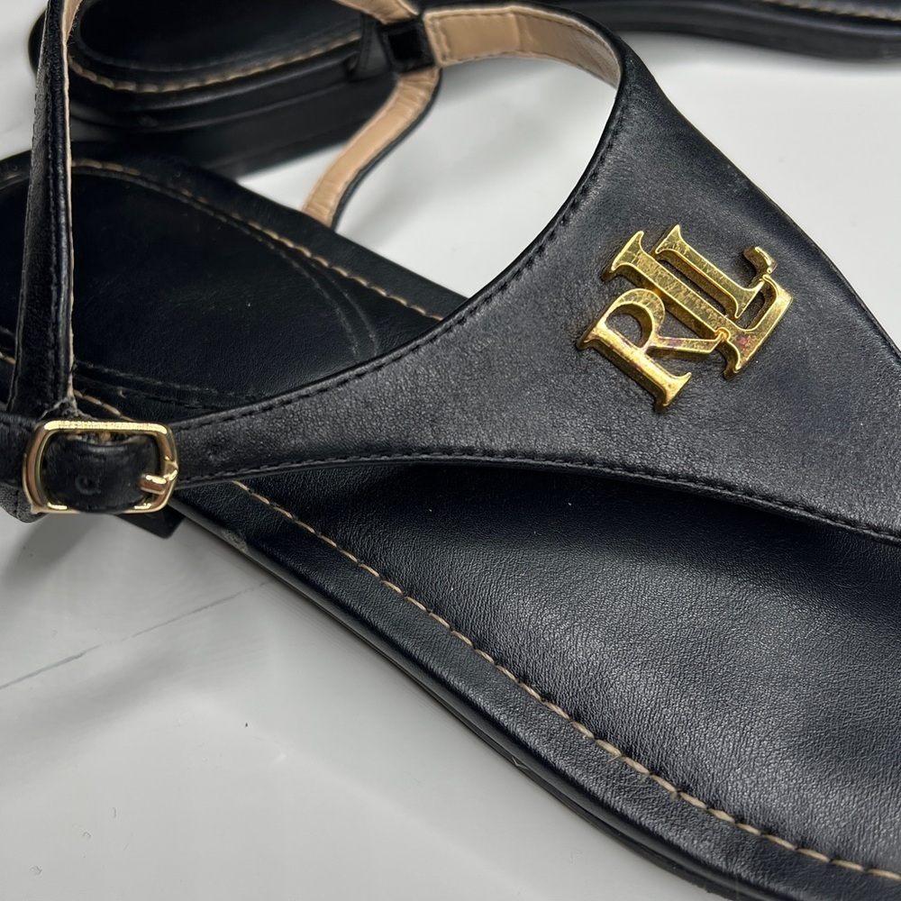 Lauren Ralph Lauren Sz 7 Ellington Black Leather Flat T Strap Sandals - Picture 5 of 8